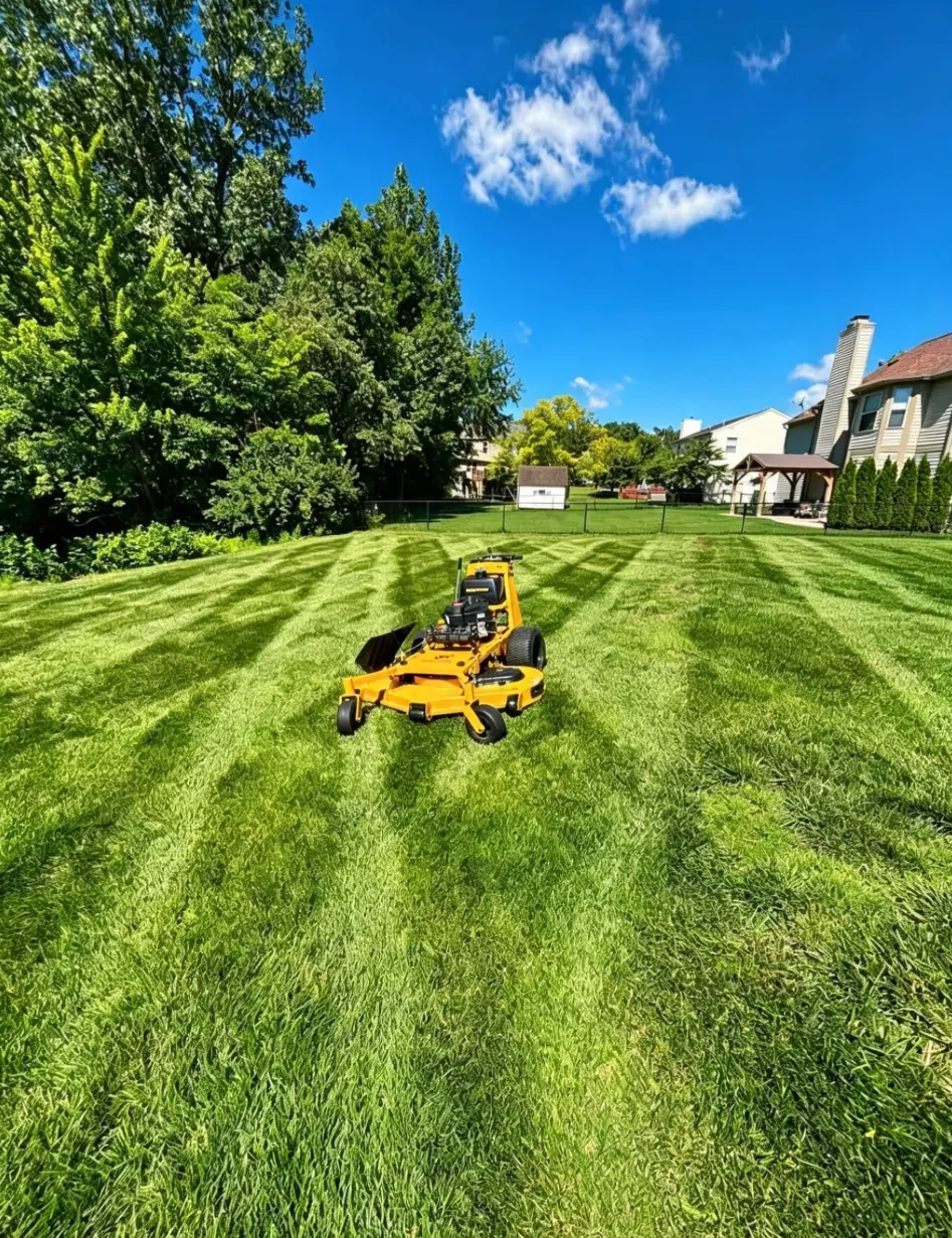 Emberton Landscapes walk-behind mower cutting stripes into a green residential lawn