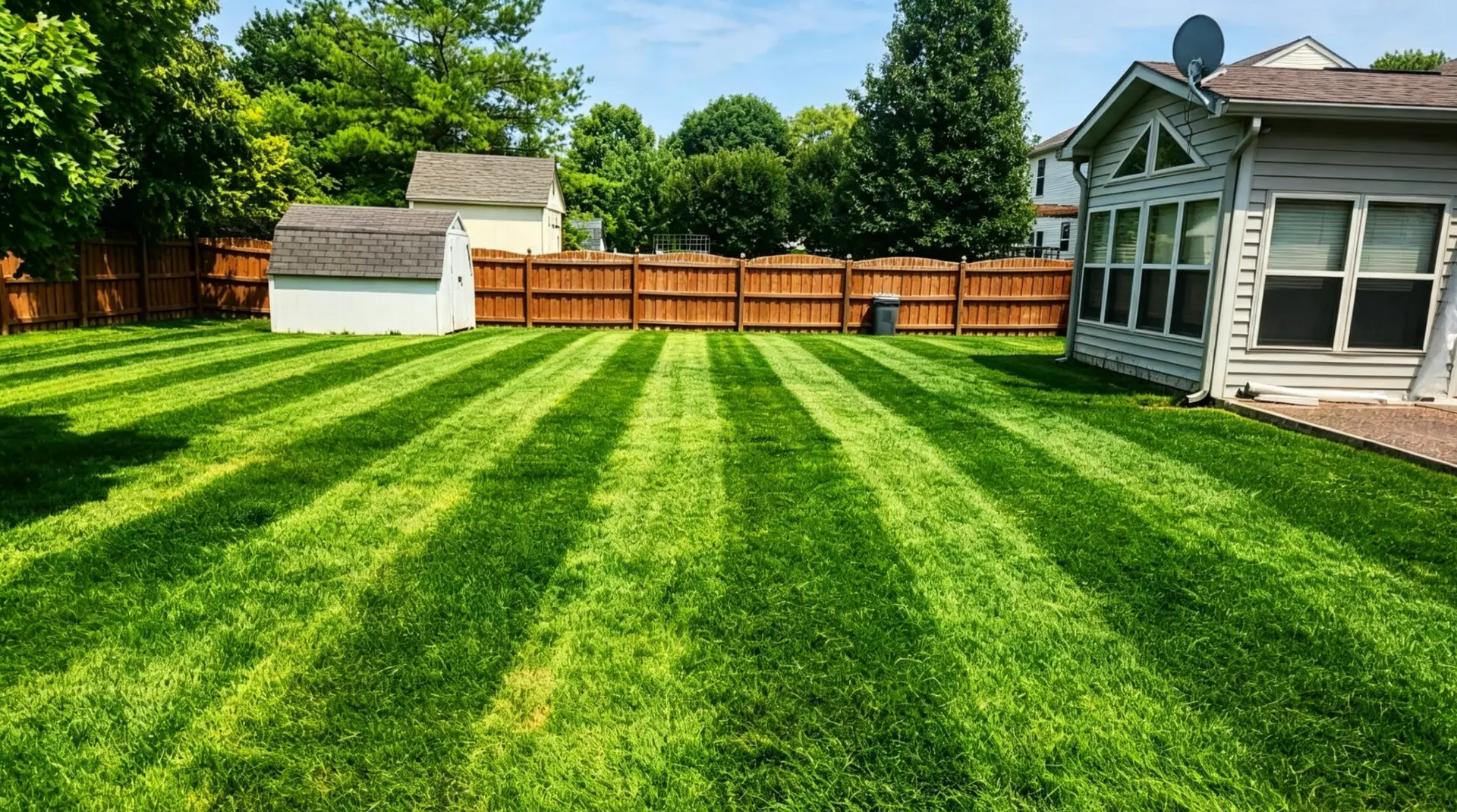 Freshly mowed backyard with clean mowing stripes beside a cedar privacy fence in Central Indiana