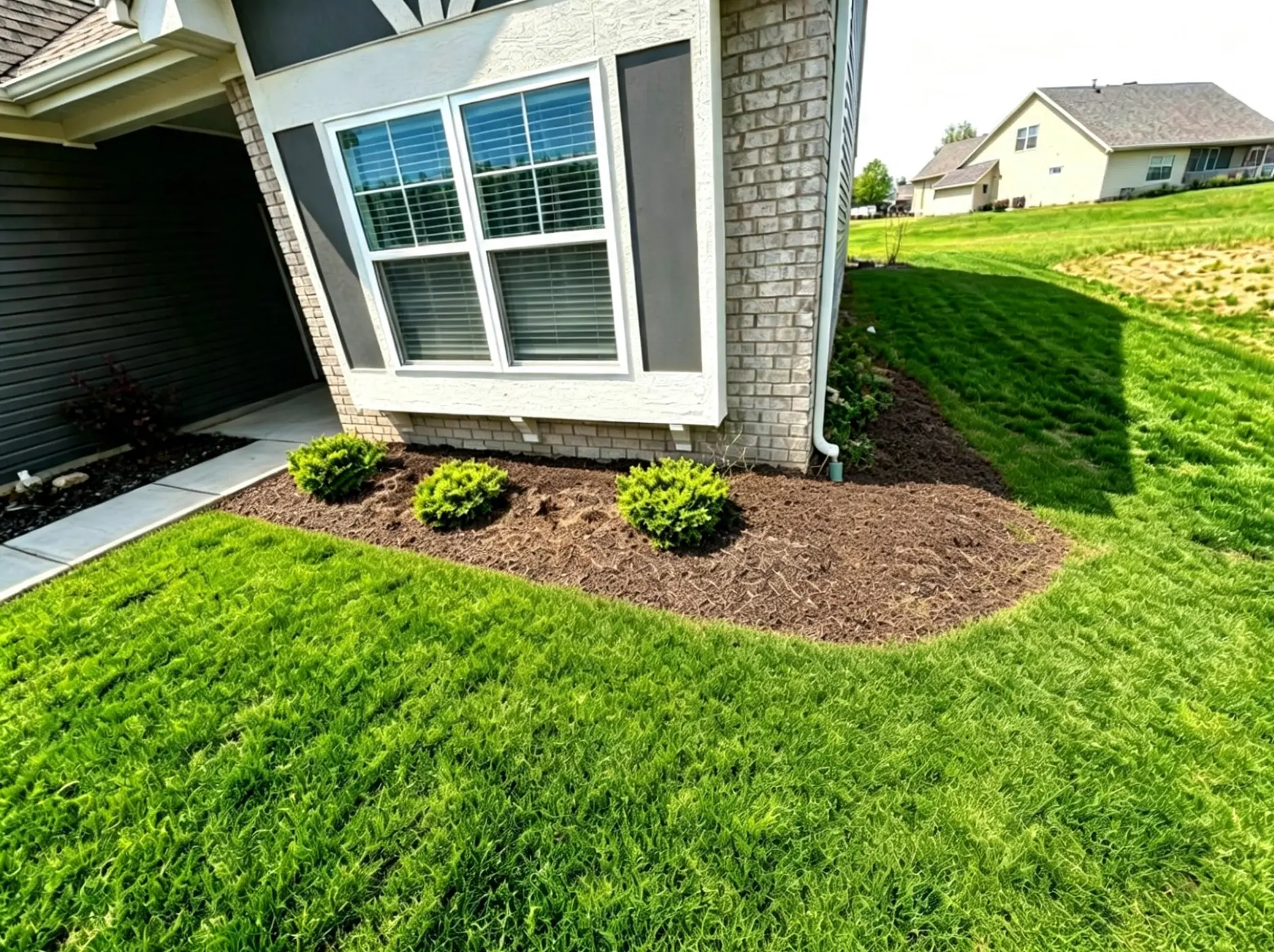 Before: a thin, patchy landscape bed of dry mulch and bare soil along a house foundation