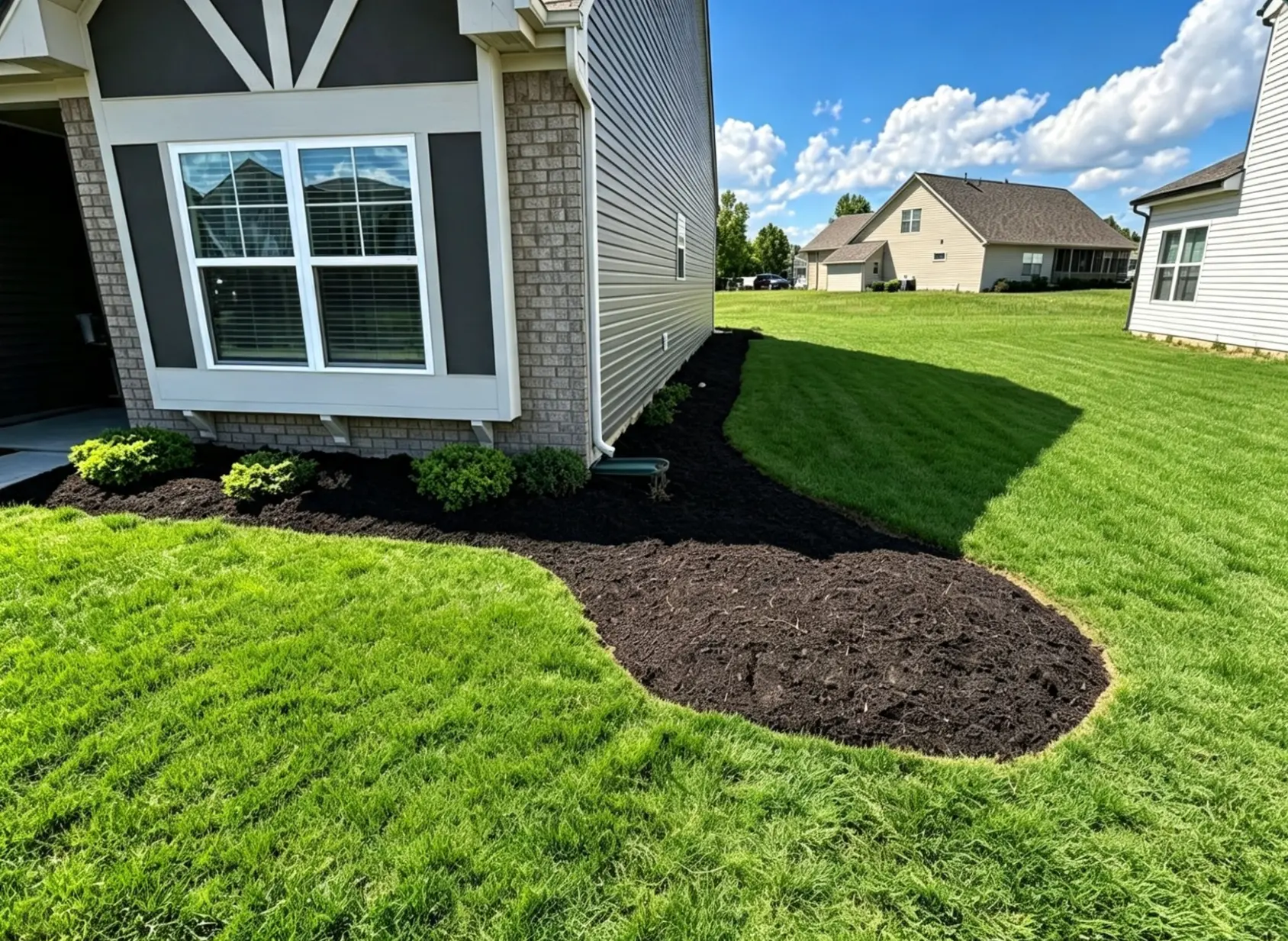 After: the same landscape bed reshaped and finished with fresh dark mulch