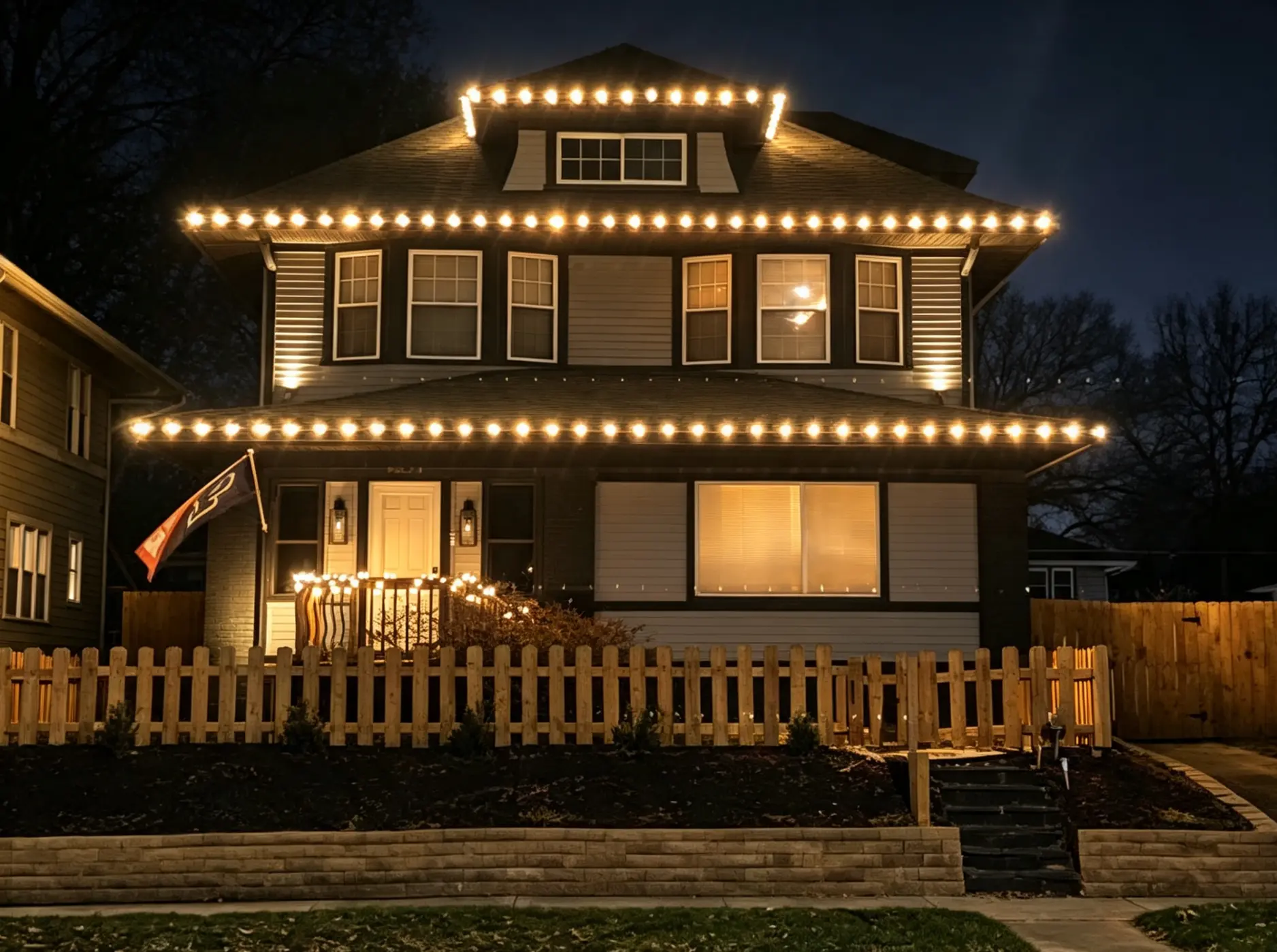 Craftsman home with warm white holiday lights along every roofline at night